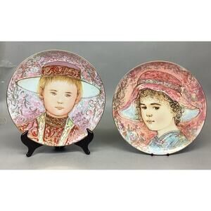 2 Signed Edna Hibel Frederic & Claire Commemorative Series Collectors Plates